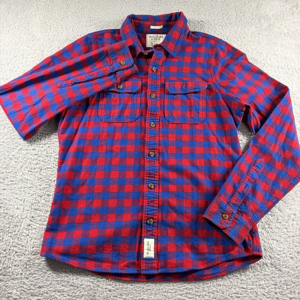 Abercrombie & Fitch Flannel Shirt Mens Large Blue Red Plaid Heavyweight Muscle - Picture 2 of 7